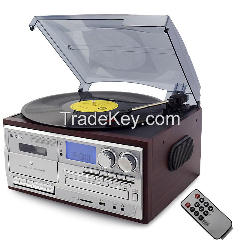 2019 hot sale multi function vinyl record gramophone USB SD Cassette play&amp;amp; recording, CD, Blue tooth, AM FM RADIO