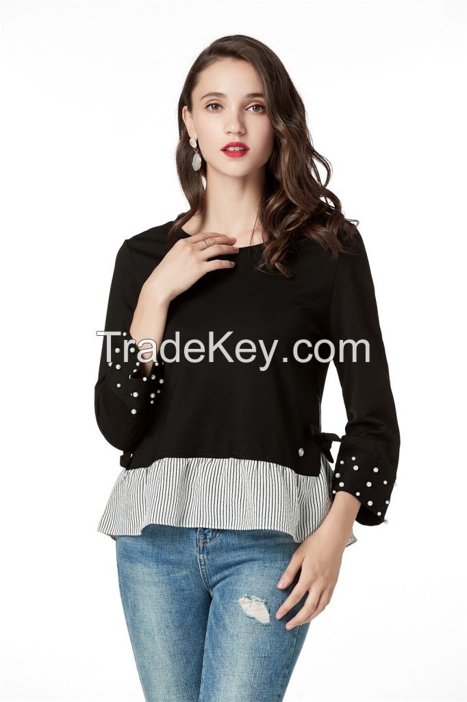 Black Long Sleeve Blouses for Women, Round Neck Cute Tops with Pearls on Cuff and Contrast Stripe on Hem 