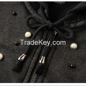  Hooded Sweatshirt Women,Zip Up and Heavy Washed Functional Cotton Sweatshirts with Pearls on Front Shoulder 