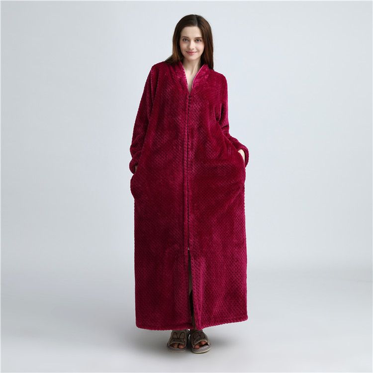 Ladies Zip Fleece Waffle Long Dressing Gown Fluffy Towelling Bathrobe Sleepwear 