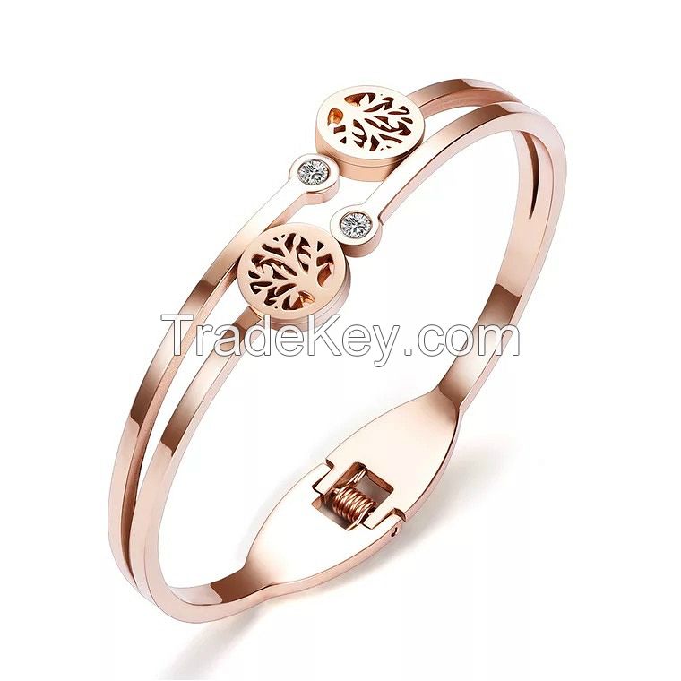 Titanium Steel Rose Gold Plated Bangles Tree Image Friendship Bangles