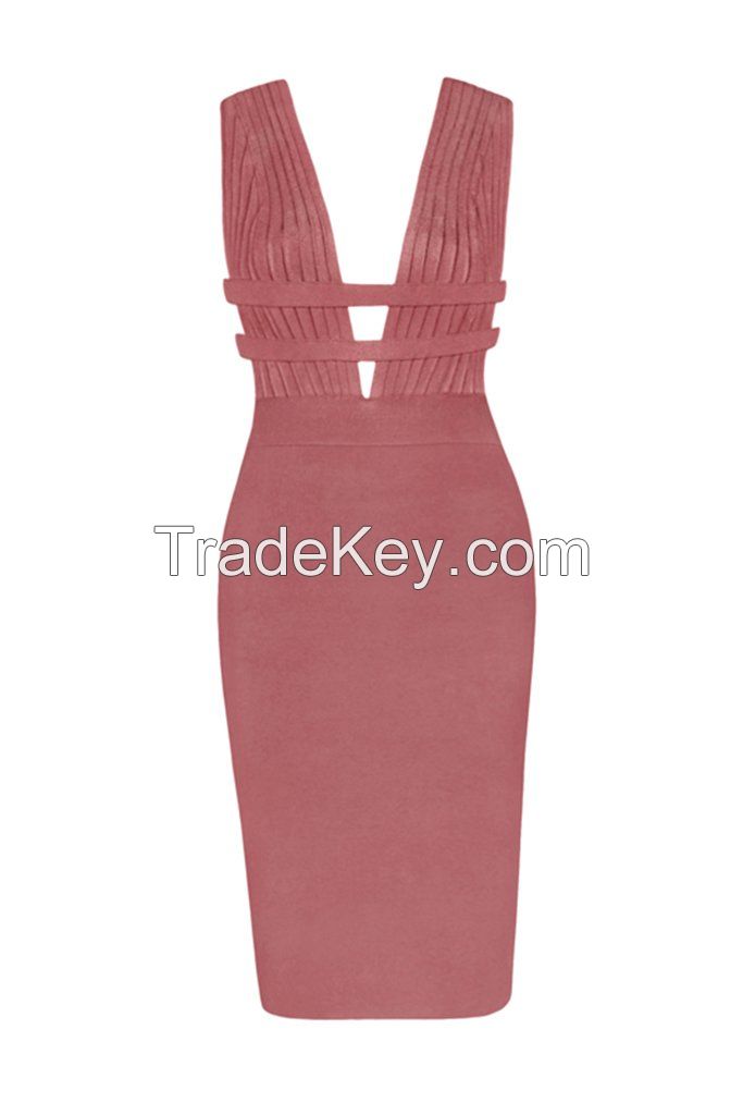 Deep Plunge Slim Fit Bandage Bodycon Midi Dress