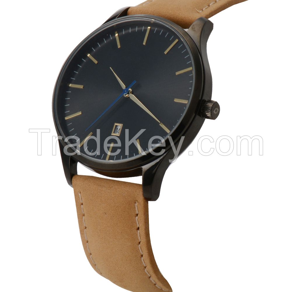 Nice design all stainless steel watch genuine leather quartz watch 