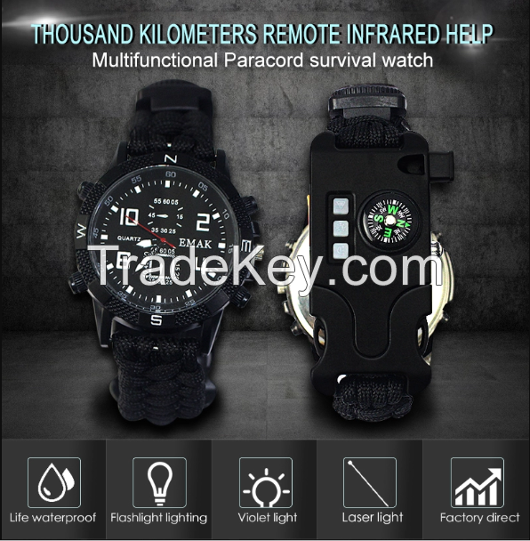 Hot sale wholesale manual survival outdoor equipment military watch, customized design multi-functional paracord Watch