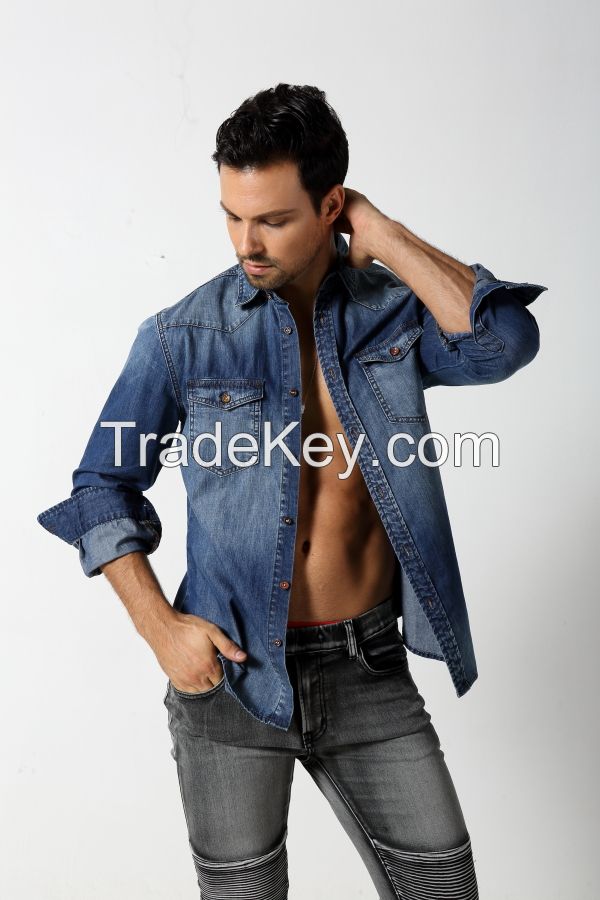 Men's dark color slim denim shirt with two pockets