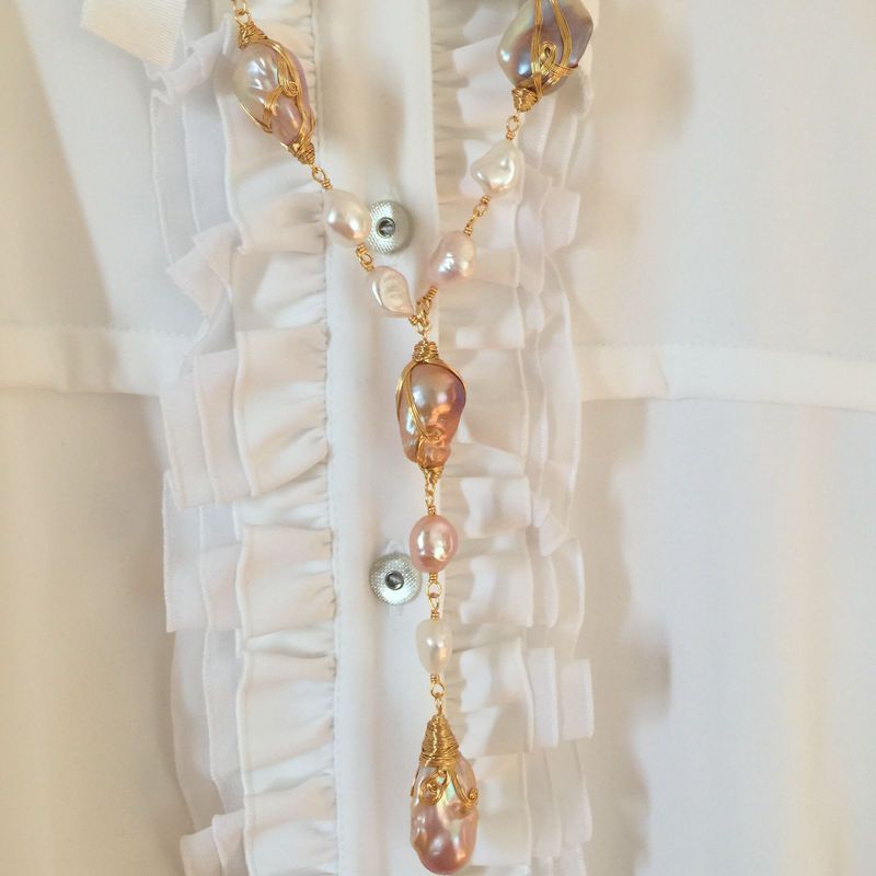 Private Custom Baroque pearl Sweater Chain Hand woven new 9K GOLD WIRE Long Necklace