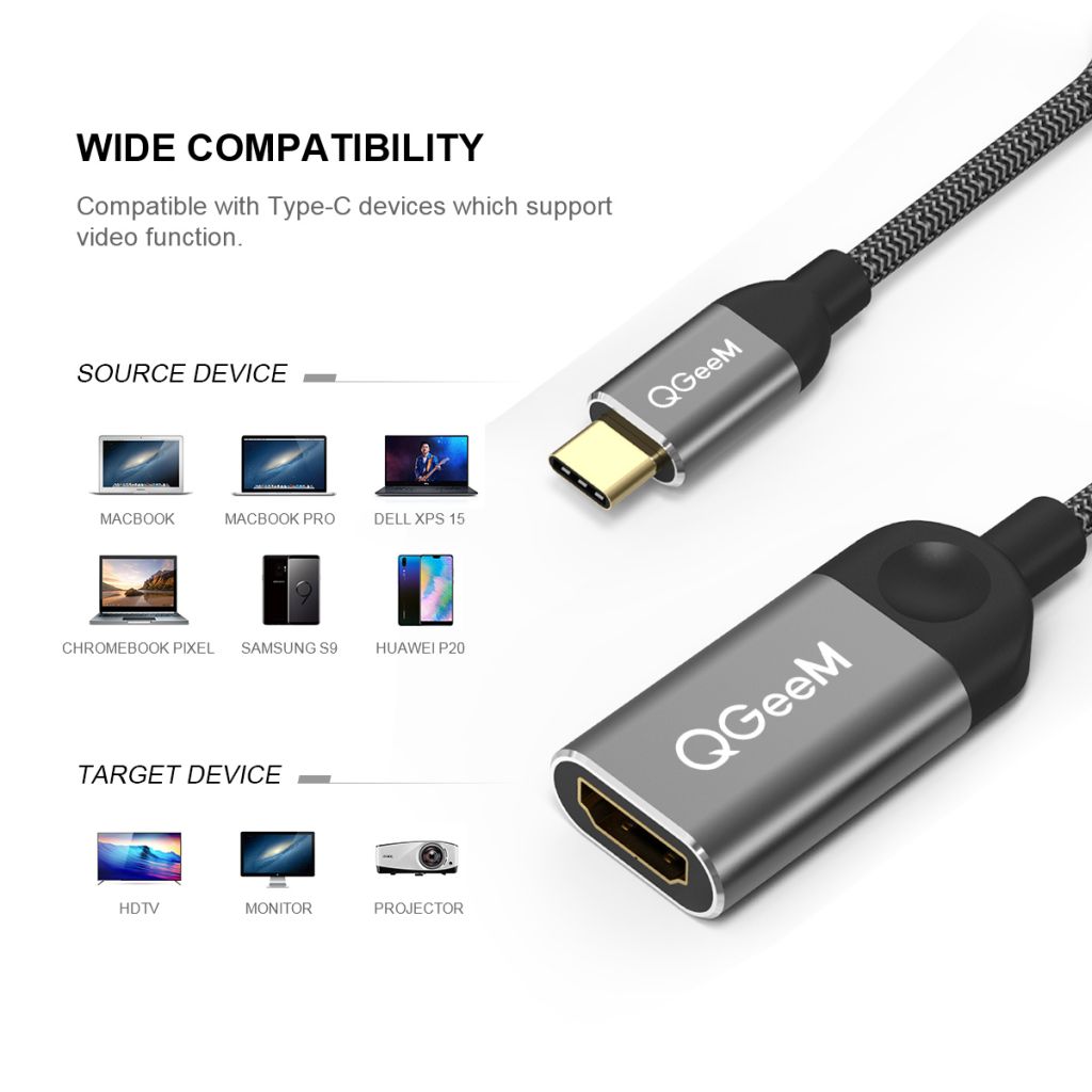 QGeeM USB C to HDMI Adapter 4K Cable, USB Type-C to HDMI Adapter [Thunderbolt 3 Compatible] MacBook Pro 2018/2017, Samsung Galaxy S9/S8, Surface Book 2, Dell XPS 13/15, Pixelbook More