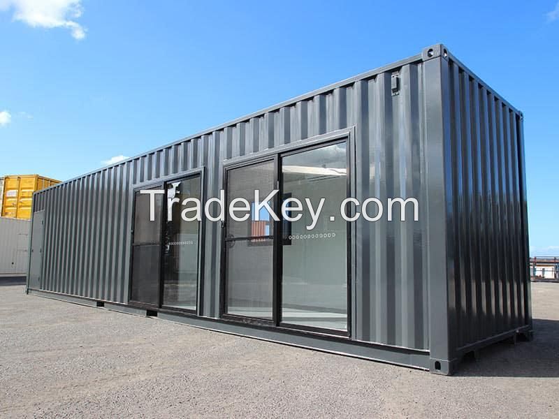 Customized 40ft High Cube Office shipping featuring sliding glass doors & window, insulated, AC unit and restroom