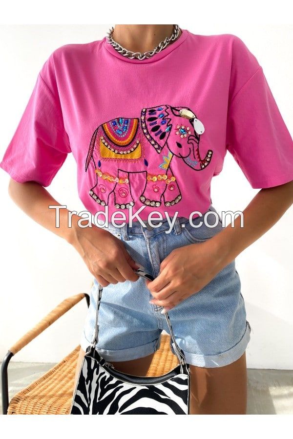 Women's T-Shirt Elephant Patterned Embroidered Beaded T-Shirt Ideal for 2022 Summer Season Stylish Design