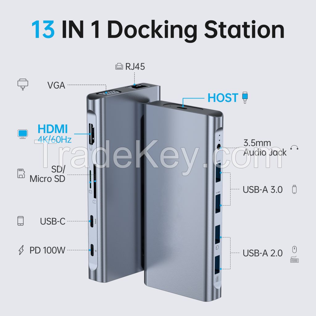 13-in-1 USB-C Hub Docking Station with HDMI 4K 60Hz HDTV VGA RJ45 Ethernet Network Adapter Audio Mic jack SD TF Card Reader USB3.0 USB2.0 USB Type C to Type C Cable 50cm