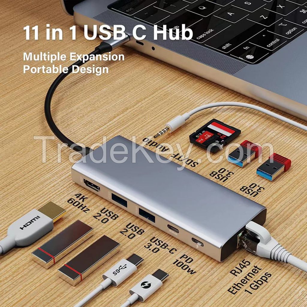 Multiple Interfaces 11-in-1 USB Laptop Docking Station Gigabit 1000M RJ45 Ethernet Mac Adapter USB 3.0 Type C Usb-C Hub Docking Station For Macbook, ASUS, Lenovo, Dell, HP, Samsung, Huawei