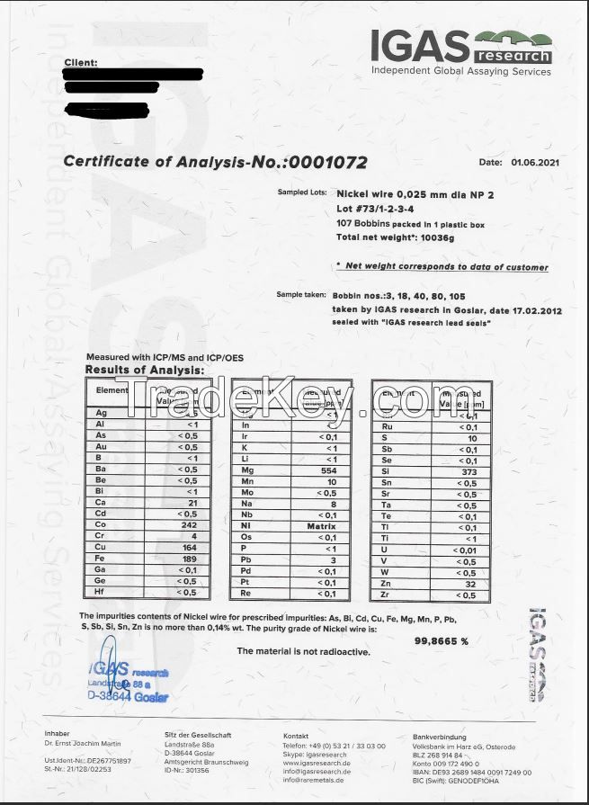 Nickel Wire NP2 0.025 mm | 2.4Mln meters