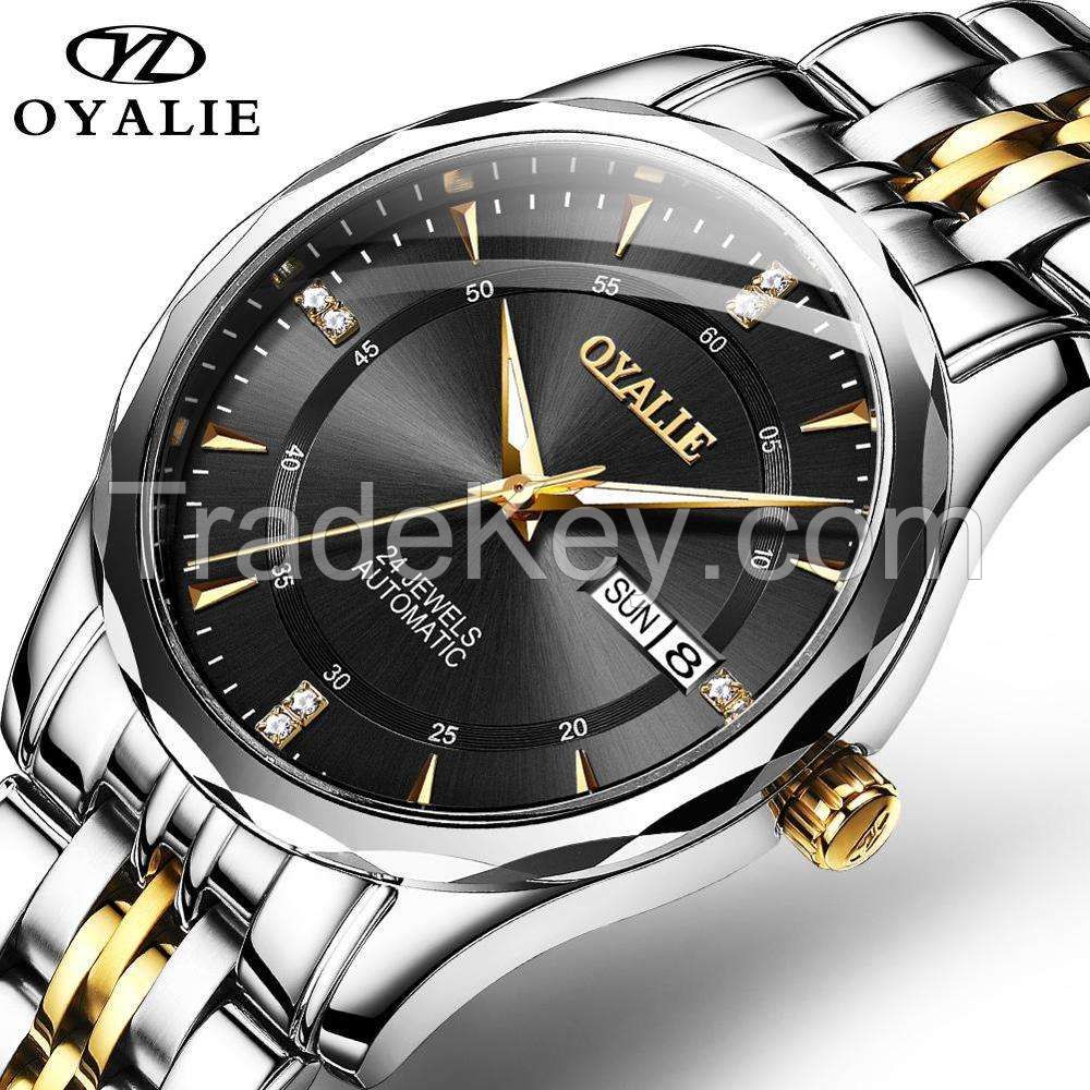 OYALIE 9789 Men Watch Fashion Men Business Stainless Steel Band Watch Date Water Resistant Mechanical Watch Luxury Men Clock