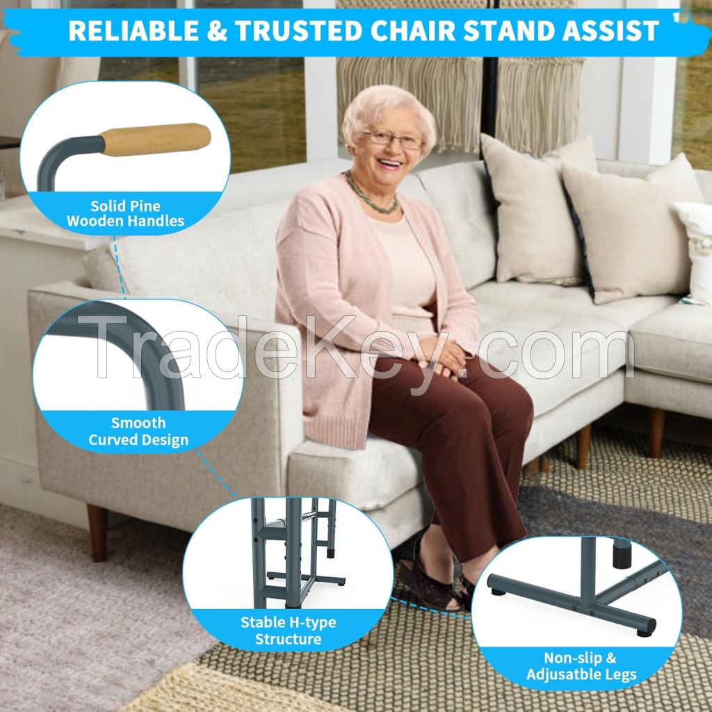 Adjustable Stand Assist for Seniors - Wooden Handle Standing Aid & Chair Lift Support Device, Elderly Mobility & Daily Living Help (300 lbs Capacity, Dark Gray)