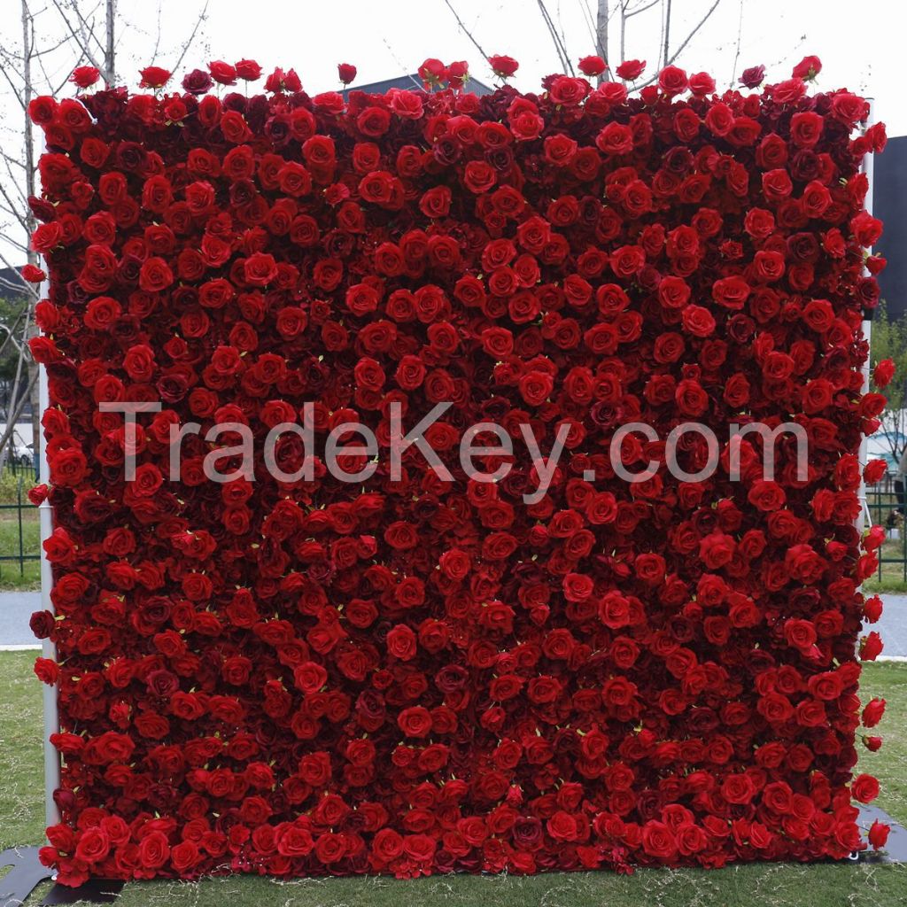 Custom 5d 3d Red Roll Up Cloth Flower Wall Wedding Decor Artificial Si