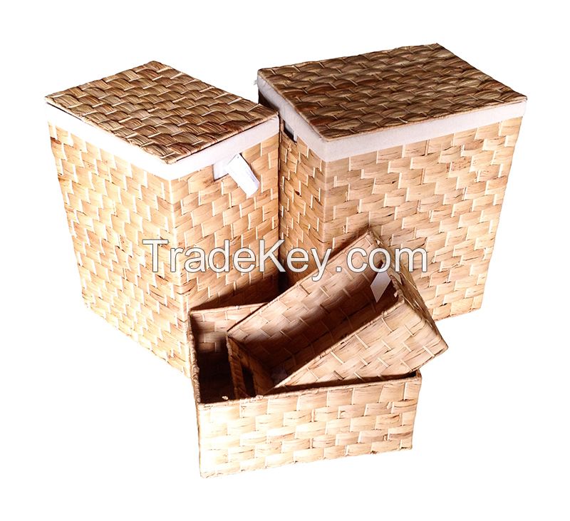 A Water Hyacinth Wicker Hamper Basket, Flat Weave With Iron Frame