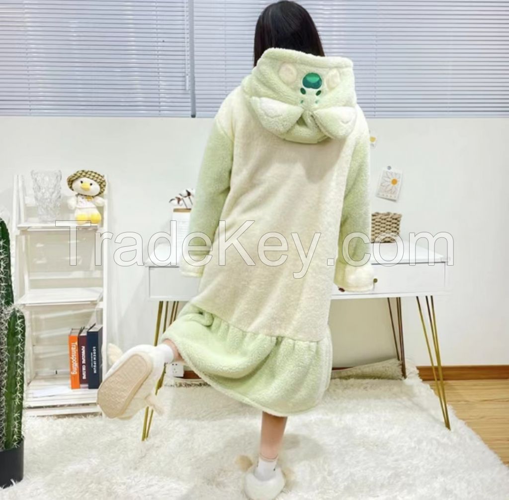 Coral velvet pajamas Female autumn and winter cute plus velvet thickened Dudu cat nightgown long flannel home clothes set