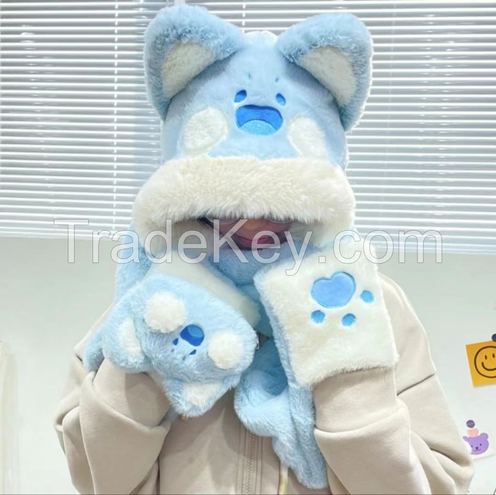 Hat winter blast new female cute Dudu cat plush cartoon ears thickened scarf gloves one body warm