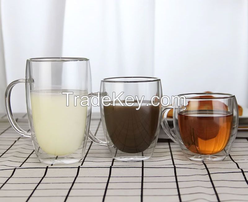 High Borosilicate Double Wall Glass Coffee Cup Mug With Glass Handle