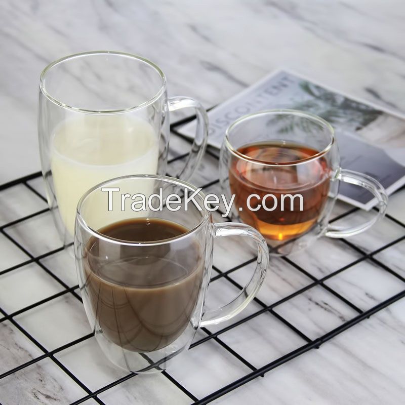 High Borosilicate Double Wall Glass Coffee Cup Mug With Glass Handle