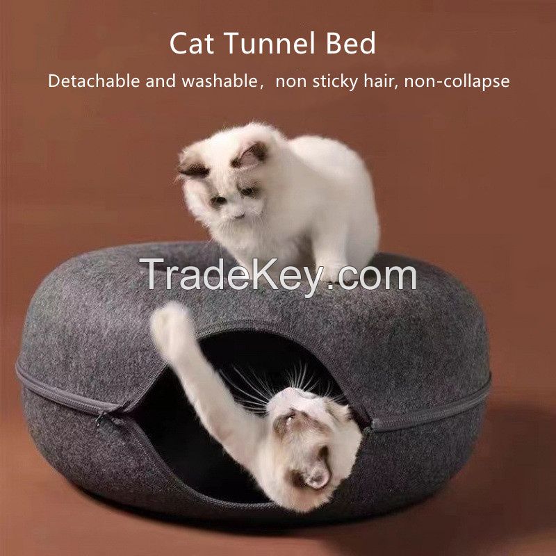 Wholesale Detachable Design Round Felt Cat Cave Donut Bed Pet House With Circle Tunnel