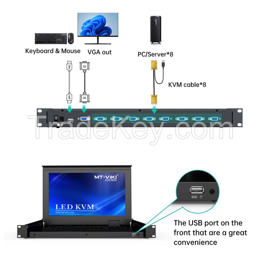 15.6" LCD KVM Switch 8 Port VGA + 8 Cables, MT-VIKI LED 1U Rackmount KVM Drawer Console, 15 Inch LCD KVM Switch
