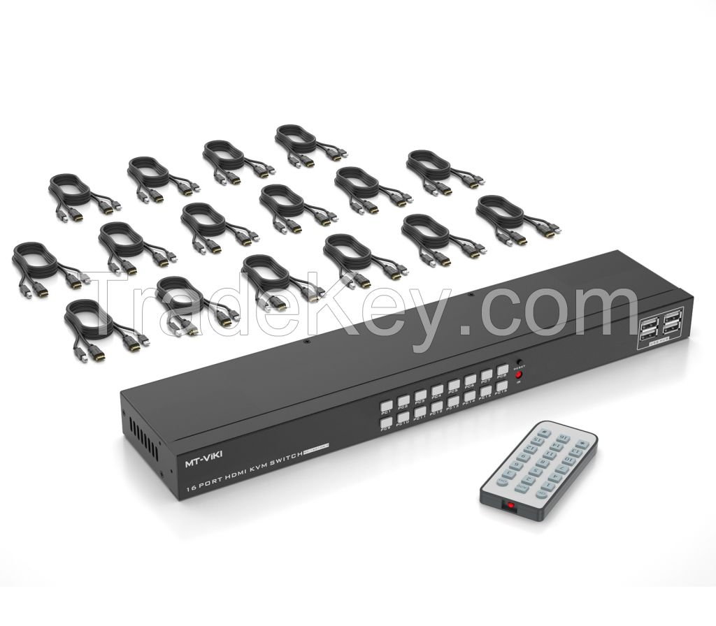 16 Port KVM Switches HDMI + Cables, MT-VIKI 1U Rackmount KVM Switch Console 16x1 USB HDMI KVM Switch