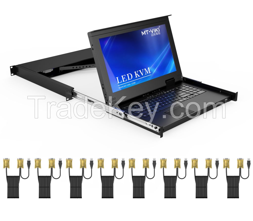 15.6" LCD KVM Switch 8 Port VGA + 8 Cables, MT-VIKI LED 1U Rackmount KVM Drawer Console, 15 Inch LCD KVM Switch