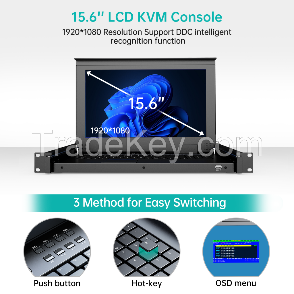 15.6" LCD KVM Switch 8 Port VGA + 8 Cables, MT-VIKI LED 1U Rackmount KVM Drawer Console, 15 Inch LCD KVM Switch