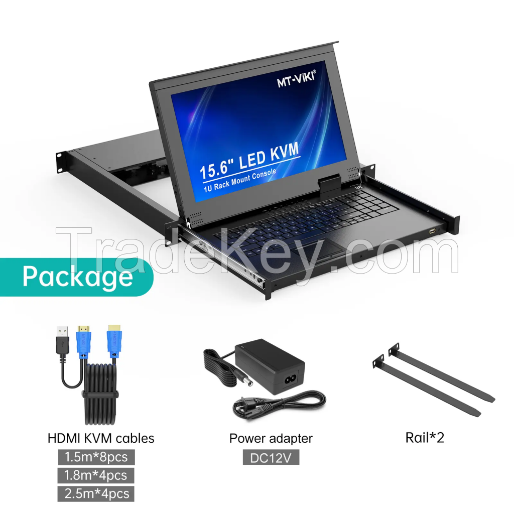 15.6" LCD KVM Switch 8 Port HDMI + 8 Cables, MT-VIKI LED 1U Rackmount LCD KVM Switch Drawer Console