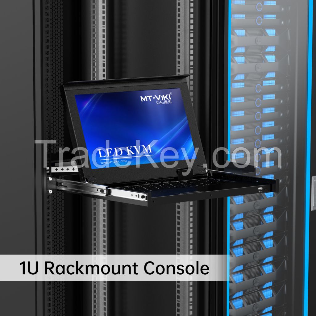 15.6" LCD KVM Switch 8 Port VGA + 8 Cables, MT-VIKI LED 1U Rackmount KVM Drawer Console, 15 Inch LCD KVM Switch