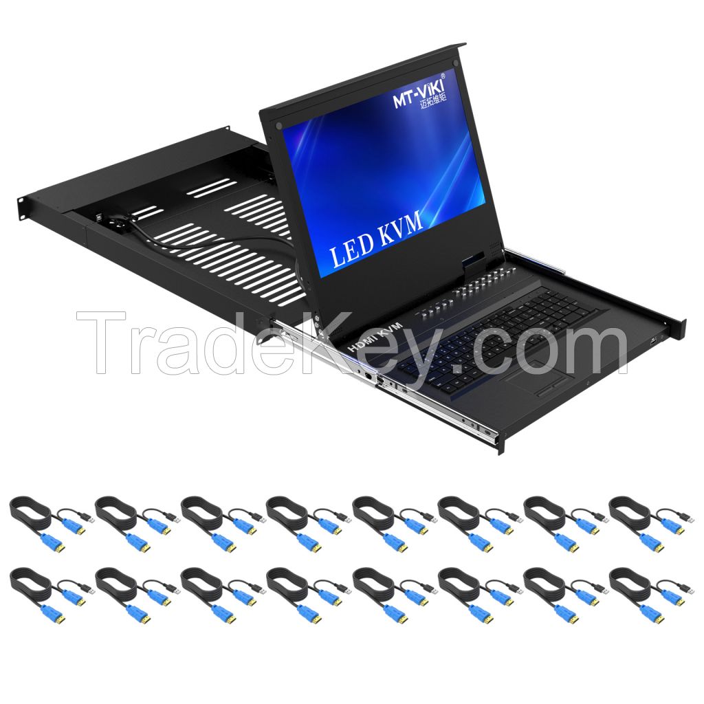 17.3" LED HDMI KVM Console 16 Port + 16 Pack Cables, MT-VIKI 1U Rack KVM Console Drawer, 17.3 Inch LCD KVM Switch HDMI