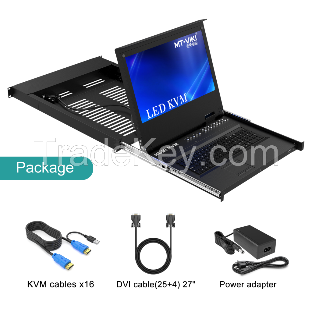 17.3" LED HDMI KVM Console 16 Port + 16 Pack Cables, MT-VIKI 1U Rack KVM Console Drawer, 17.3 Inch LCD KVM Switch HDMI