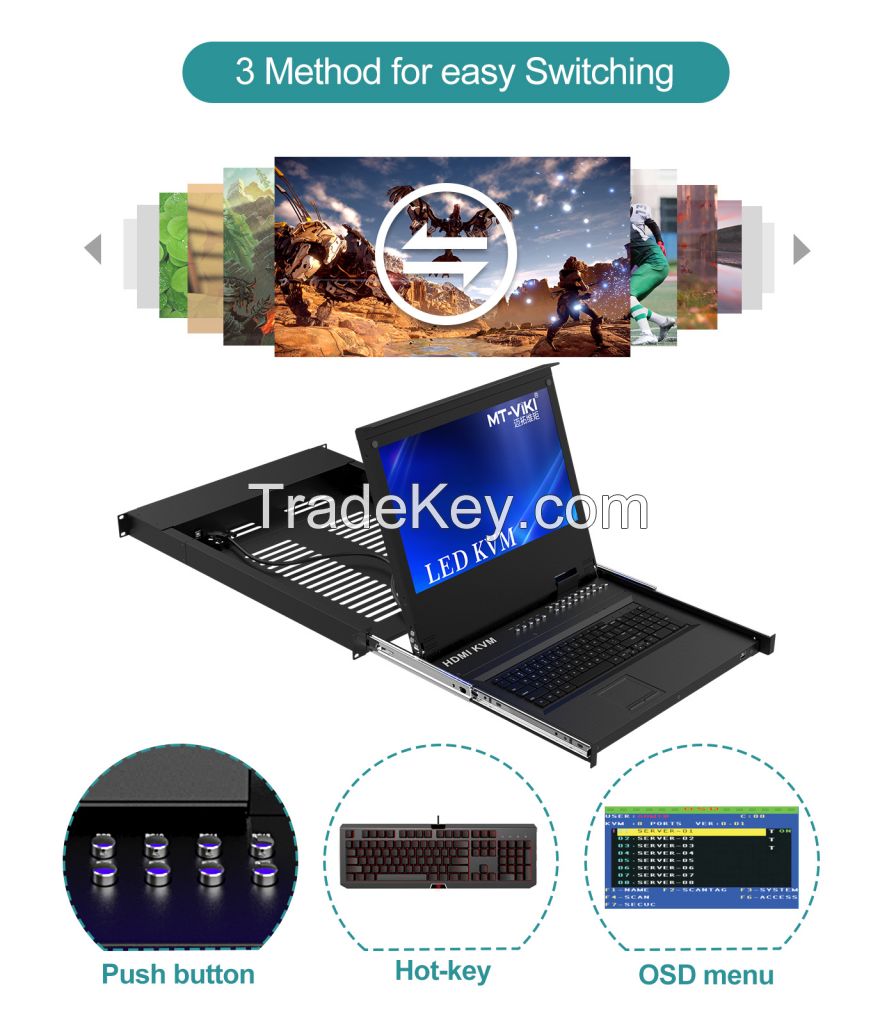 17.3" LED HDMI KVM Console 16 Port + 16 Pack Cables, MT-VIKI 1U Rack KVM Console Drawer, 17.3 Inch LCD KVM Switch HDMI