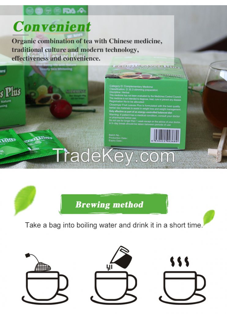 Fruit leaves plus tea Herbal Beauty whitening slimming tea bag blanchissant Slim Detox glow natural tea for weight loss