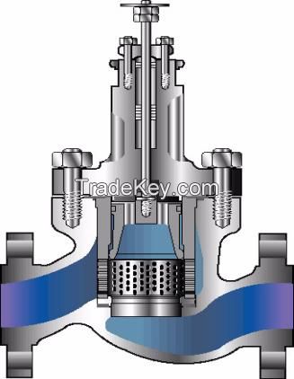 Pneumatic low noise cage type control valve regulator for reducing fluid noise