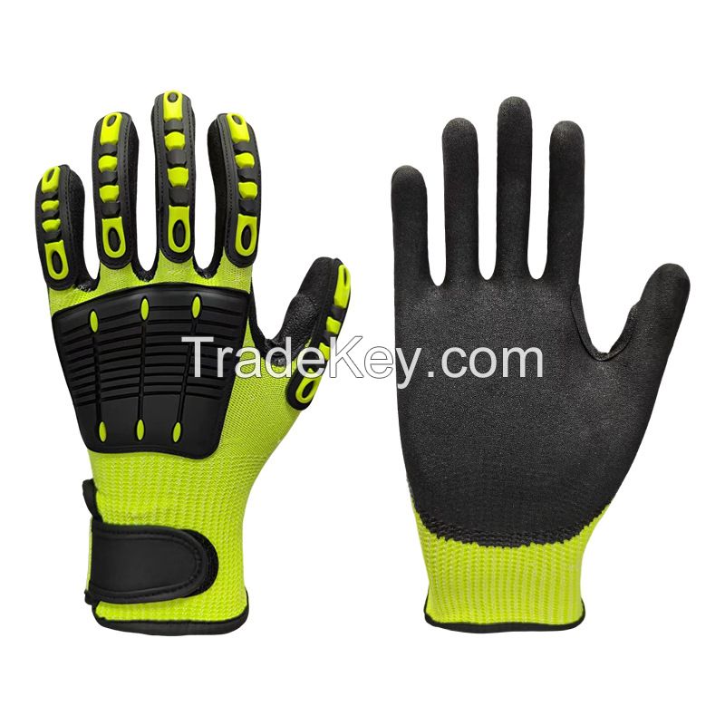 13 Gauged Fluorescent Green Polyester Knitted Sandy Nitrile Palm Coated Strengthen Reinforce Thumb Anti-impact Safety Glove
