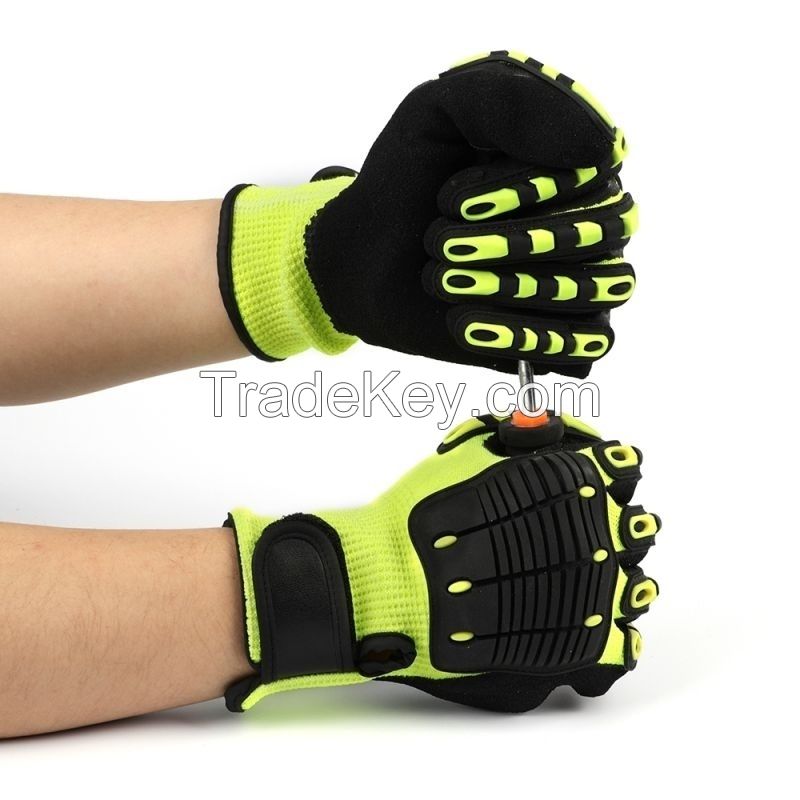 13 Gauged Fluorescent Green Polyester Knitted Sandy Nitrile Palm Coated Strengthen Reinforce Thumb Anti-impact Safety Glove