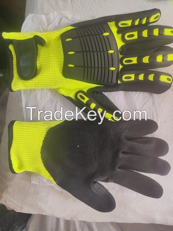 13 Gauged Fluorescent Green Polyester Knitted Sandy Nitrile Palm Coated Strengthen Reinforce Thumb Anti-impact Safety Glove