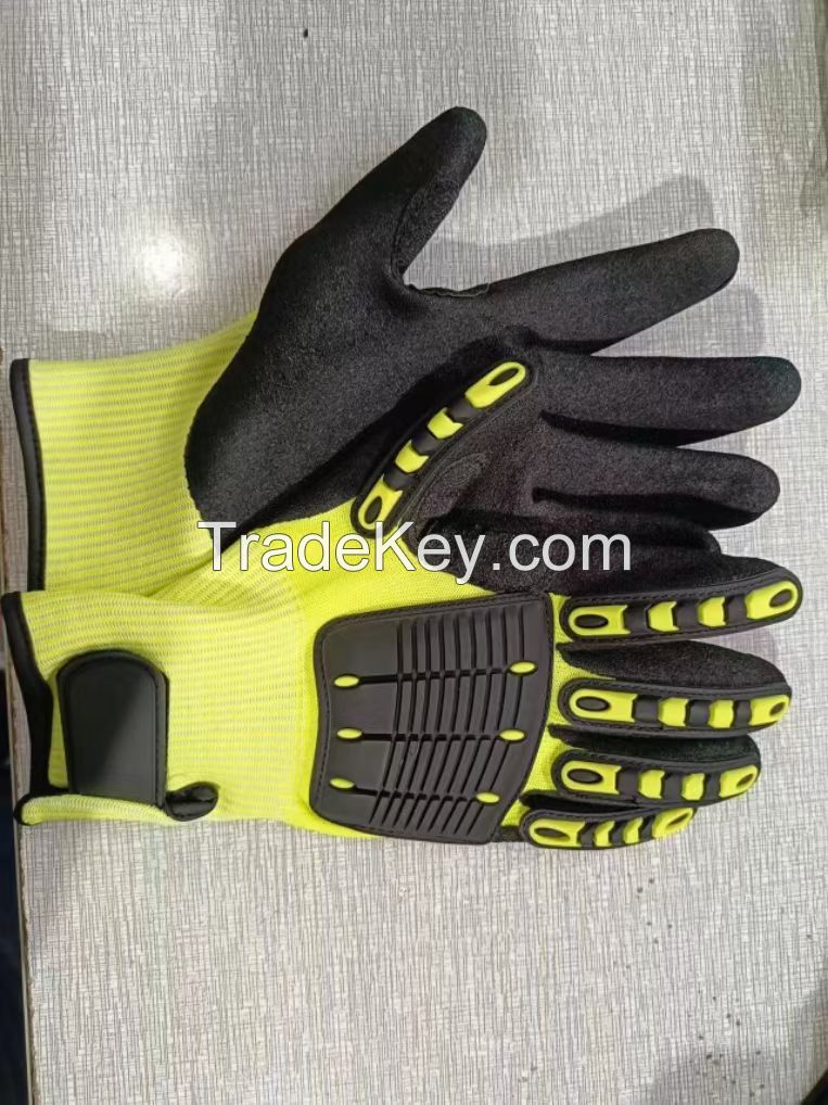 13 Gauged Fluorescent Green Polyester Knitted Sandy Nitrile Palm Coated Strengthen Reinforce Thumb Anti-impact Safety Glove