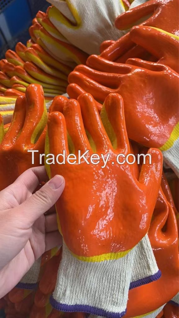 10 Gauge Orange Yellow Double Latex Palm Coated Smooth Finish Safety Work Gloves Fingertips Reinforced