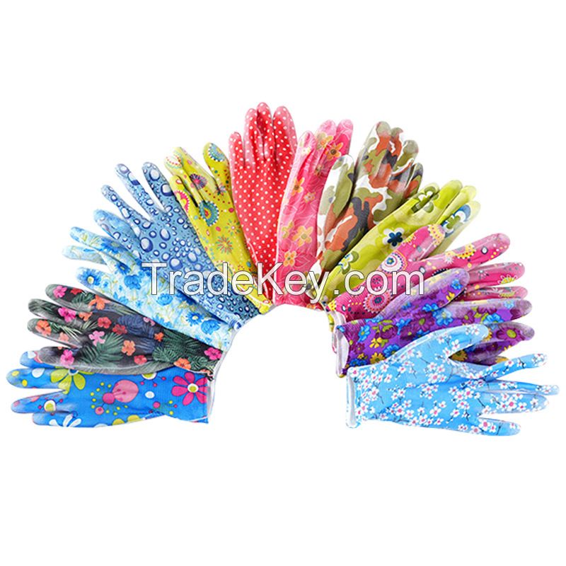 13-needle polyester printed pu gloves with patterns, pu palm coating, anti-static impregnated rubber, labor protection