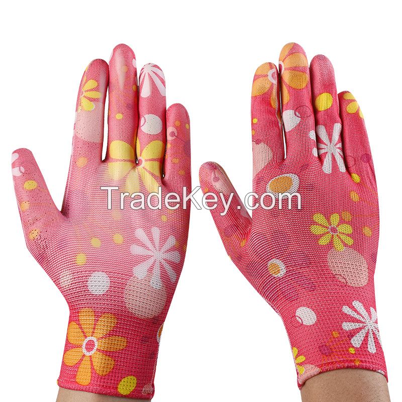 13-needle polyester printed pu gloves with patterns, pu palm coating, anti-static impregnated rubber, labor protection