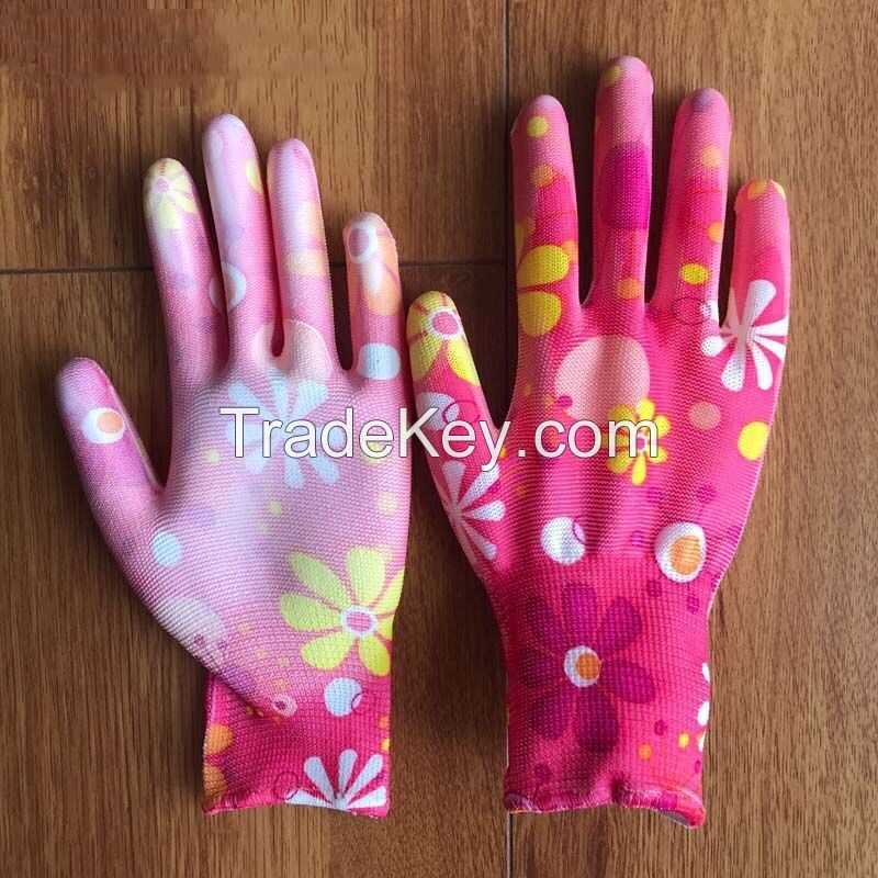 13-needle polyester printed pu gloves with patterns, pu palm coating, anti-static impregnated rubber, labor protection