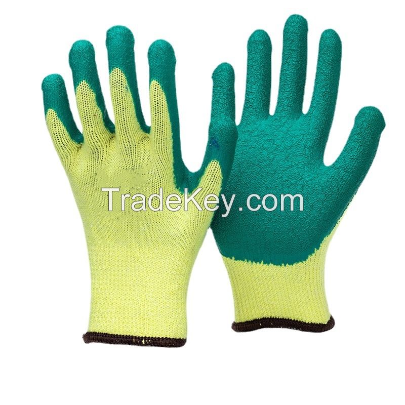 10-needle yellow yarn green latex wrinkled gloves, wear-resistant, anti-slip impregnated breathable labor protection gloves