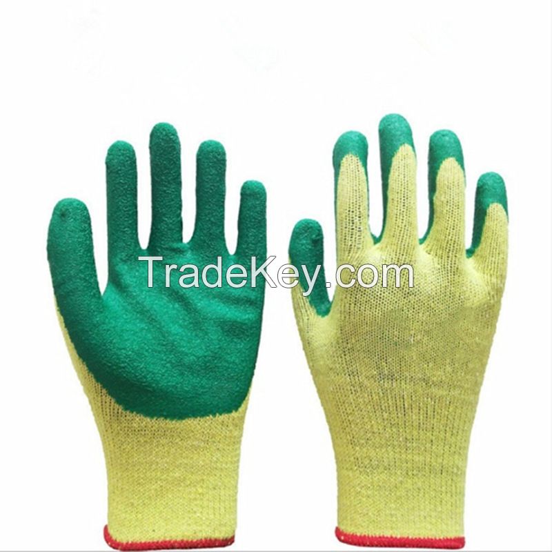10-needle yellow yarn green latex wrinkled gloves, wear-resistant, anti-slip impregnated breathable labor protection gloves