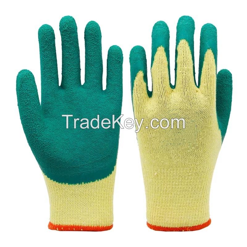 10-needle yellow yarn green latex wrinkled gloves, wear-resistant, anti-slip impregnated breathable labor protection gloves