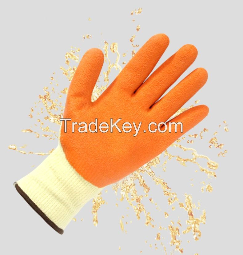 10-needle two-strand yellow yarn orange latex crepe gloves, wear-resistant, oil-resistant, anti-slip protective rubber hanging work gloves