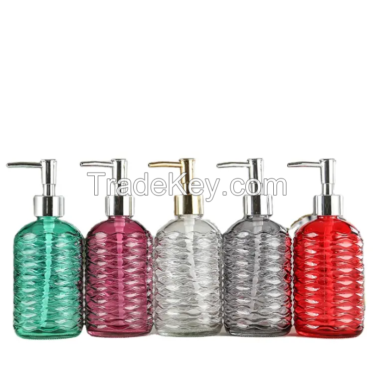 500ml Round Honeycomb Shape Embossed Green Blue Yellow Purple Shampoo Body Lotion Hand Wash Liquid Glass Bottle with Pump