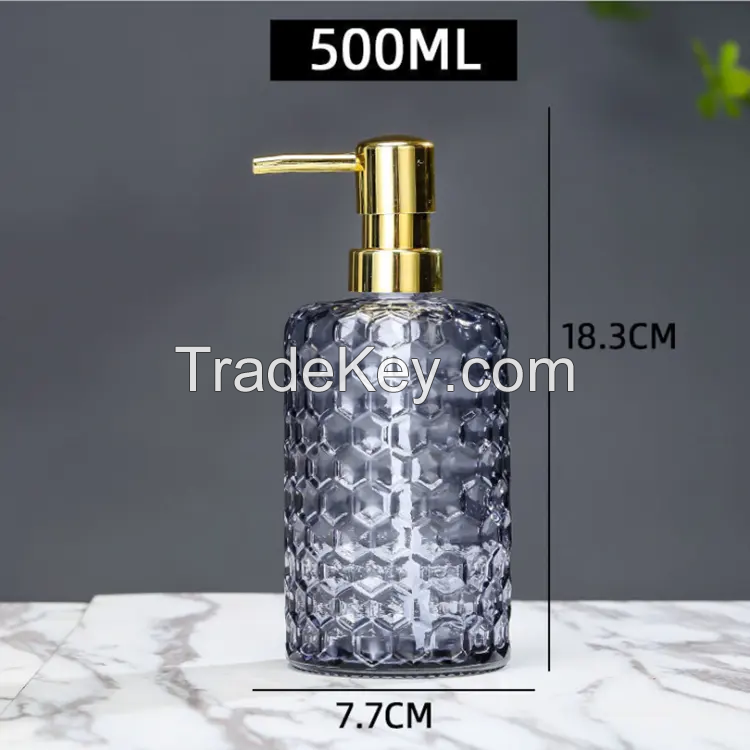 500ml Round Honeycomb Shape Embossed Green Blue Yellow Purple Shampoo Body Lotion Hand Wash Liquid Glass Bottle with Pump